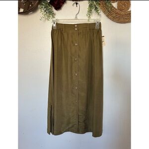 August Silk 100% Silk Olive Button-Front Midi Skirt size s